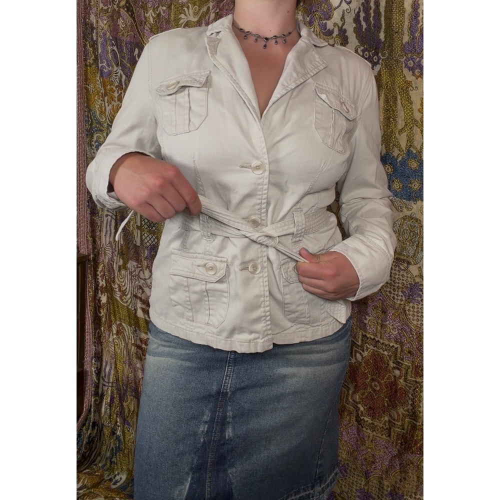 Y2K 100% Cotton Cream Utility Boho Indie Utility Tie Belt Jacket Size M
